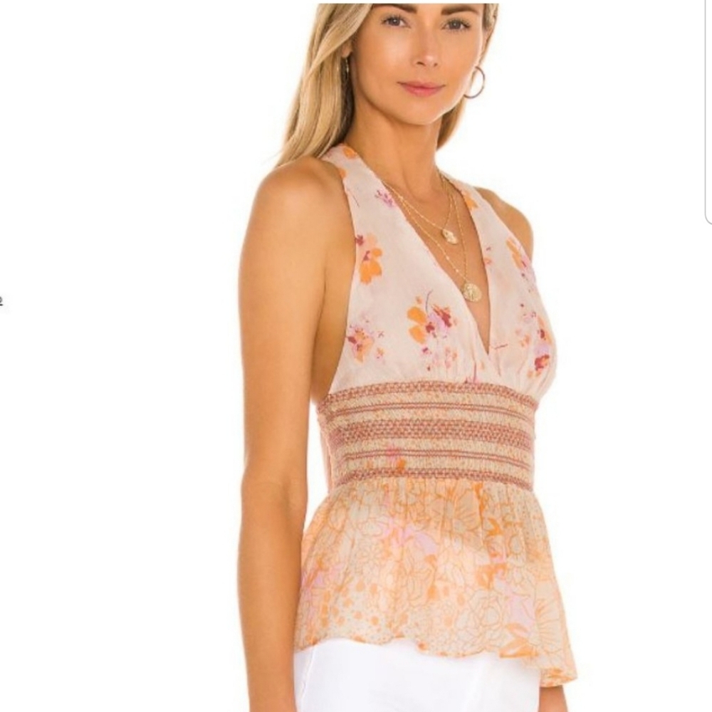 Free People Brinkley V Neck Smocked Tank Top Orange White Floral Print Open Back - Picture 5 of 6